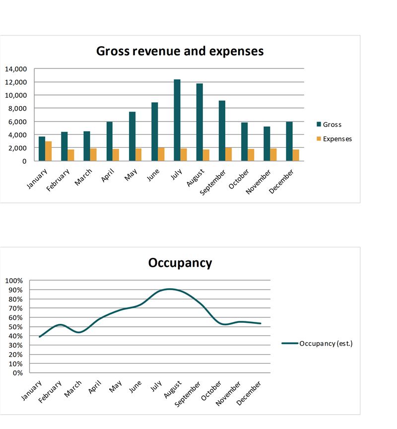 Charts: revenue vs expenses and monthly occupancy (Example data)