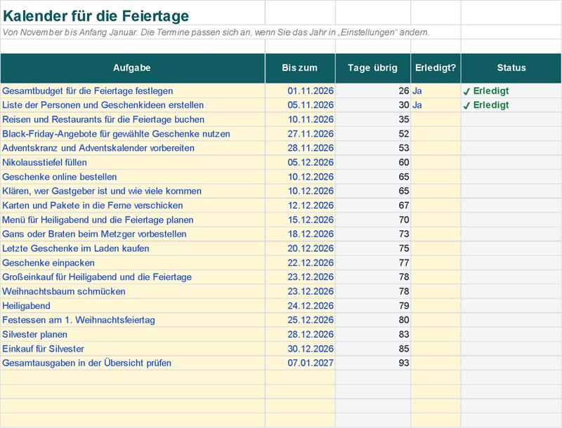 Kalender von November bis Januar mit Nikolaus und 1. Advent (Beispieldaten)