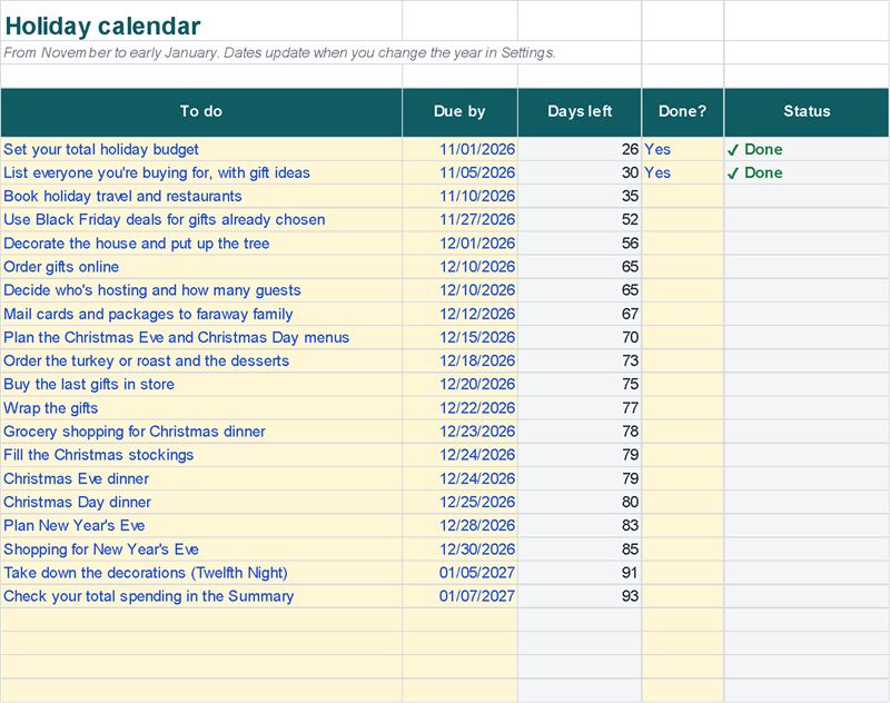 To-do calendar to early January, with days left (Example data)
