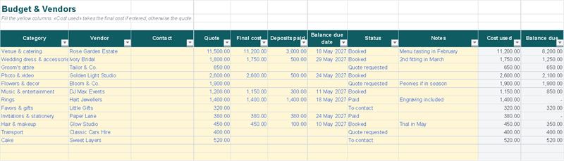 Every vendor with quote, final cost, deposits and balance (Example data)
